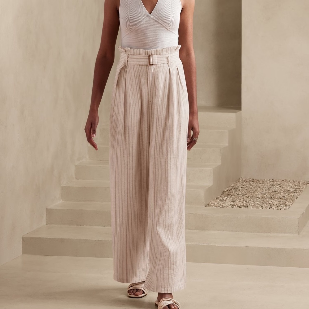 Banana Republic Linen Blend Paperbag Pant in Taupe Stripe